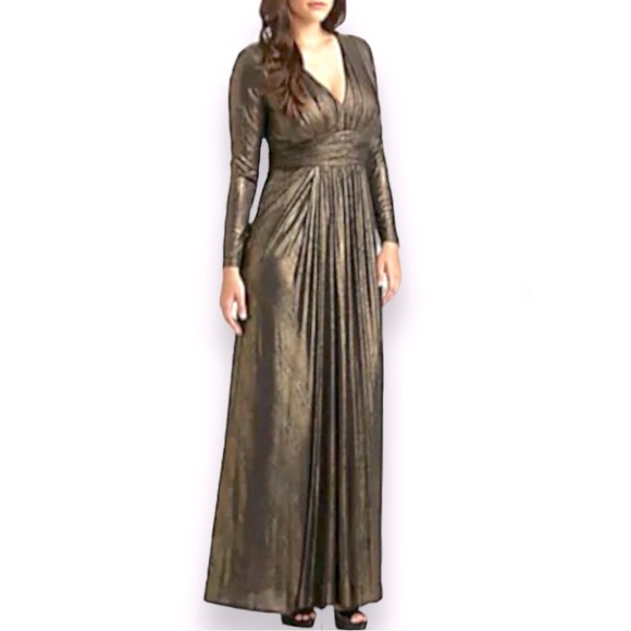 David Meister Embossed Gold Black Evening Gown Dress Size